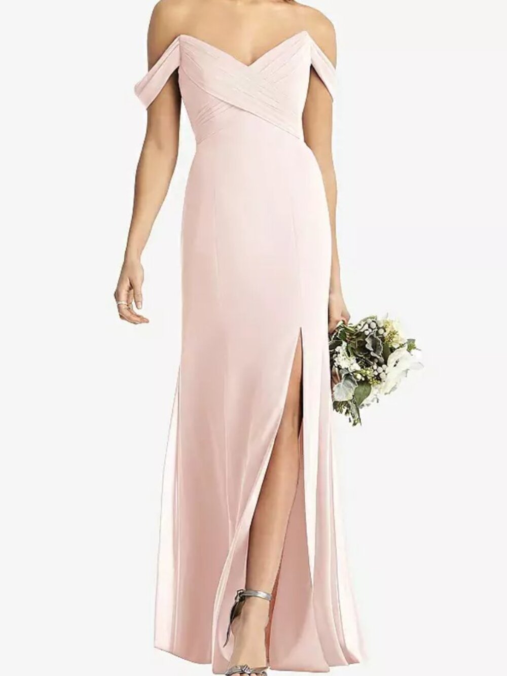 Dessy 8193...Off the shoulder Criss Cross bodice trumpet gown...Blush...Sz 6